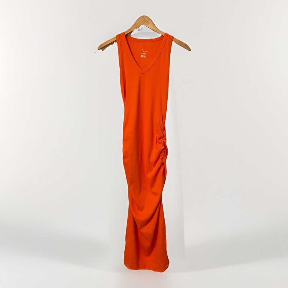 NWT A New Day Vneck Orange Ribbed Ruched Midi Dress w/ Slit Size XS
